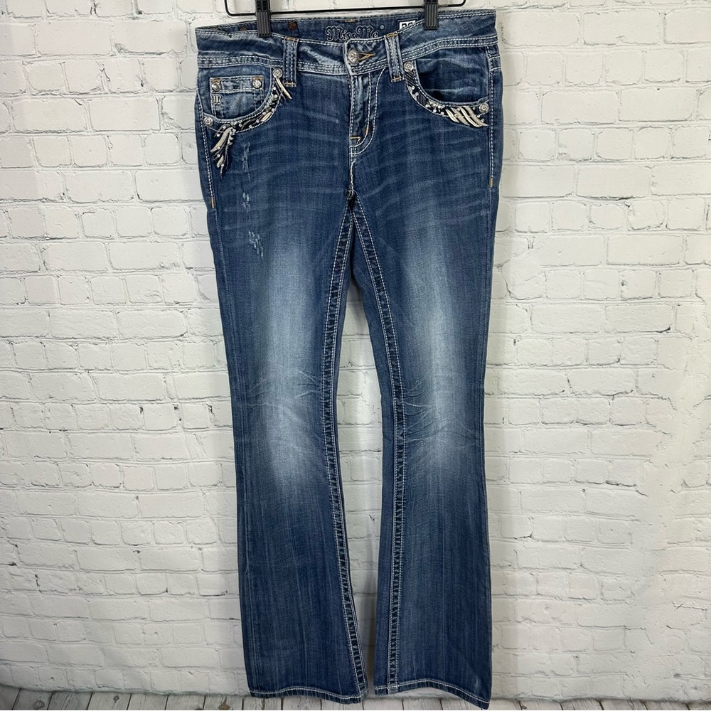 MISS ME Rhinestone Wings Signature Bootcut Low Rise Jeans Size 28